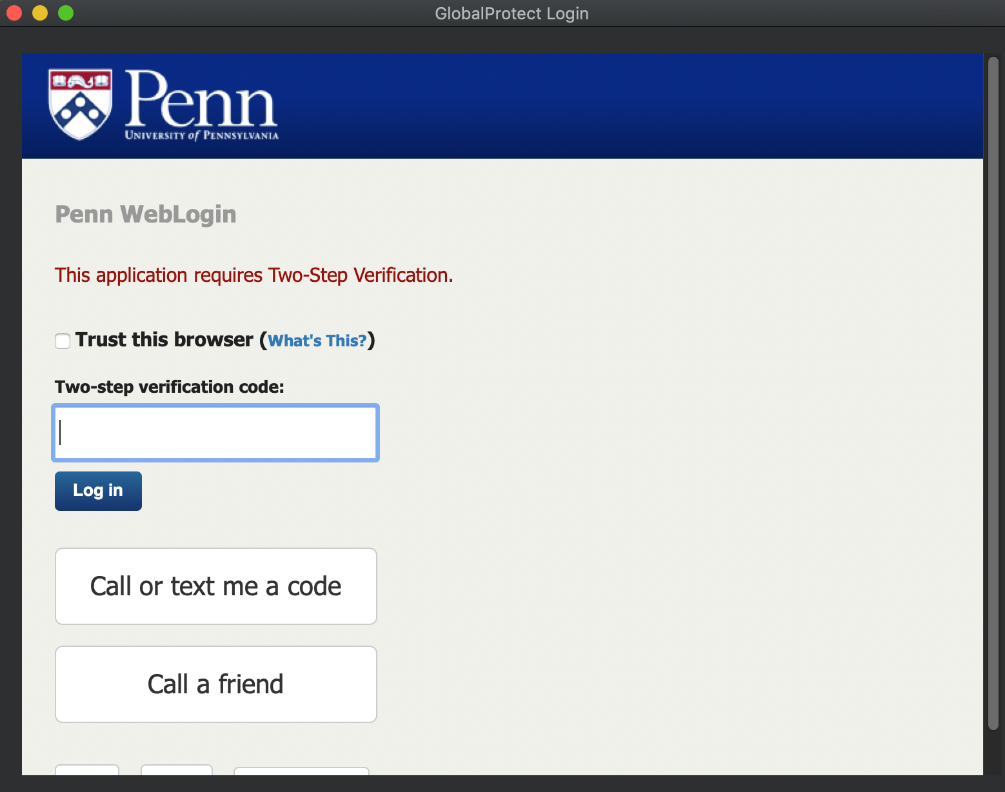Screenshot of the Penn WebLogin Two-Step Verification dialog